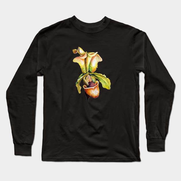 Lady Slipper Orchid Watercolor Paphiopedilum Long Sleeve T-Shirt by Nisuris Art